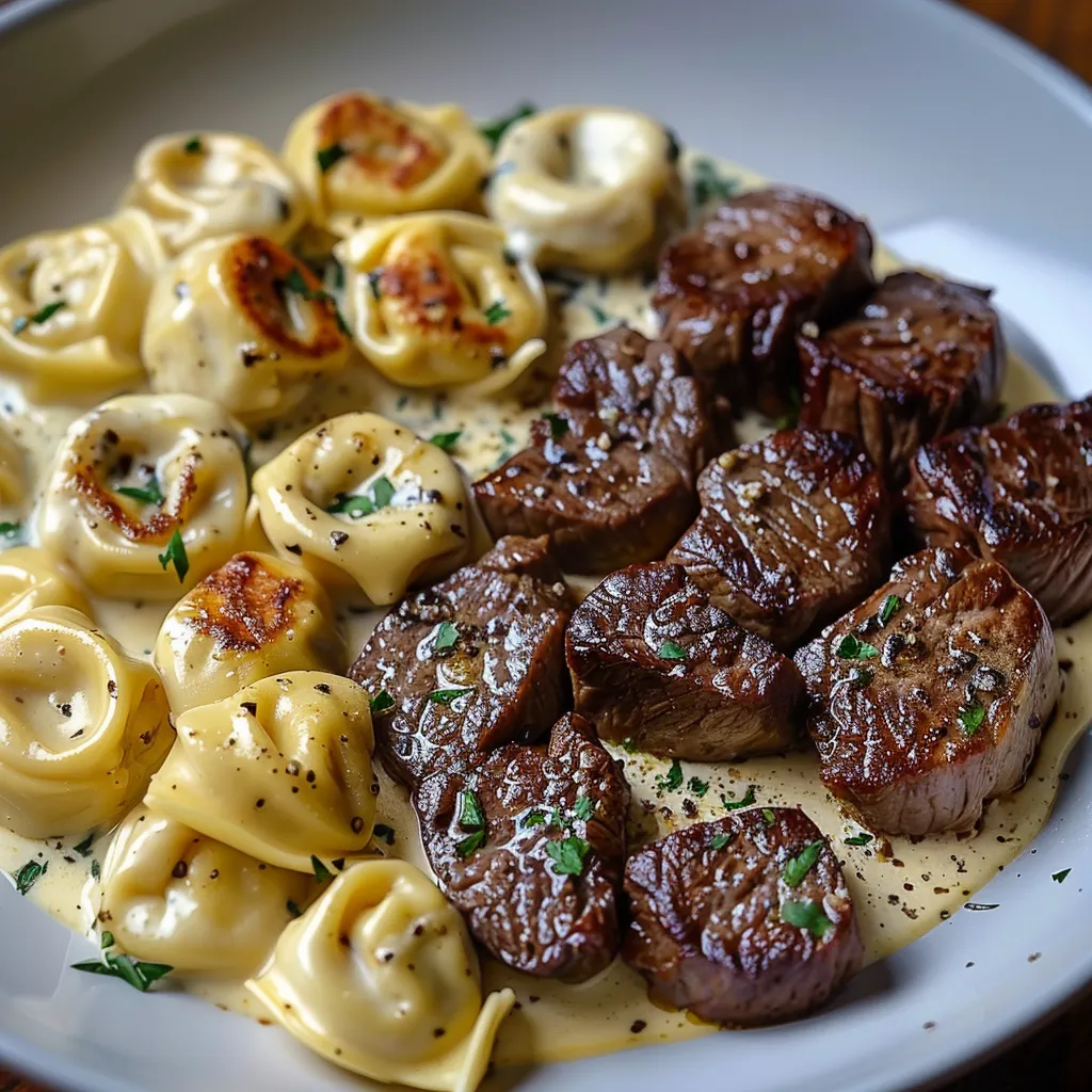 Ein weißer Teller mit einer Mischung aus Käseknochen, Rindfleisch und Pasta.