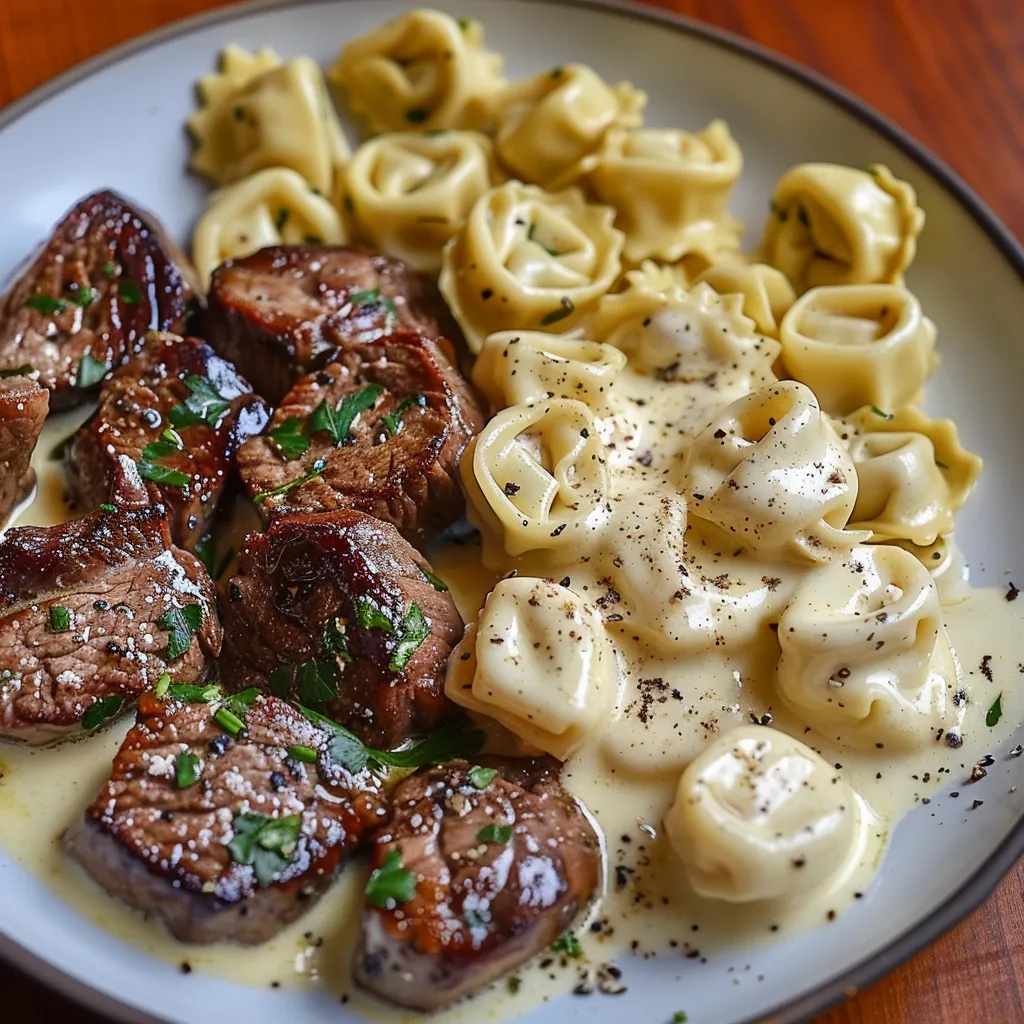 Ein Plate mit gegrilltem Fleisch, Pasta, Käse und Pesto.
