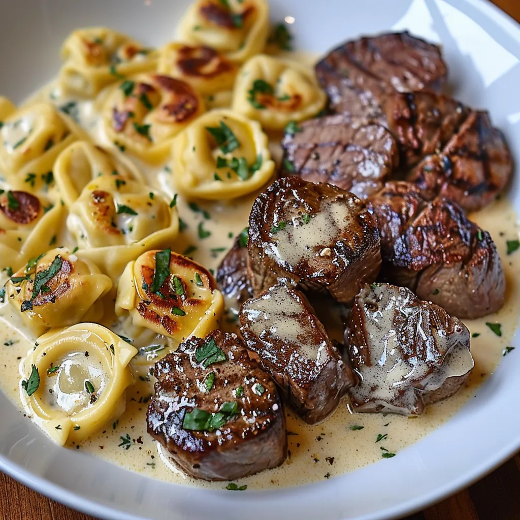 Ein weißer Teller mit einer Mischung aus Rindfleisch, Pasta und Käse.