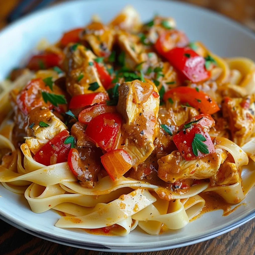 Ein Plate mit Pasta, Tomaten, Zwiebeln und Chicken.