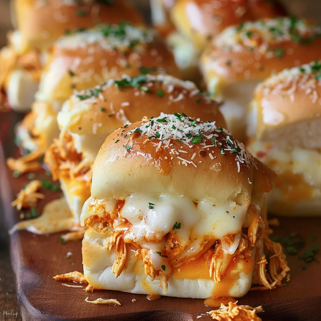 Eine Platte mit Sandwiches, die mit Käse, Sauce und Zwiebeln garniert sind.