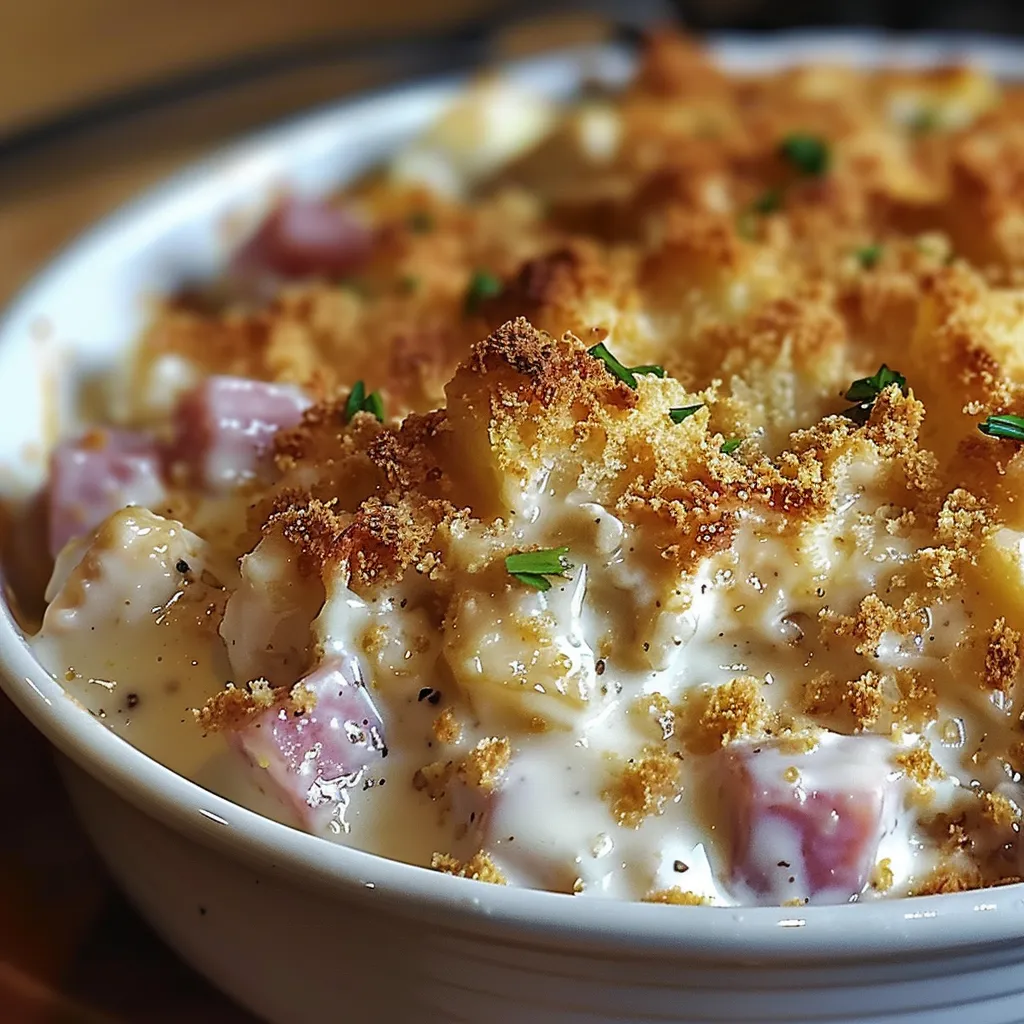 Ein weißer Teller mit einer Mischung aus Pasta, Käse und Zwiebeln.