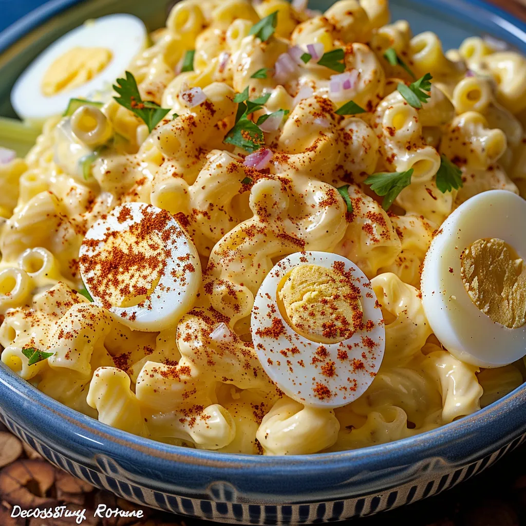 Ein Bild von einer Schüssel mit macaroni, gehackten Eiern und Zwiebeln.