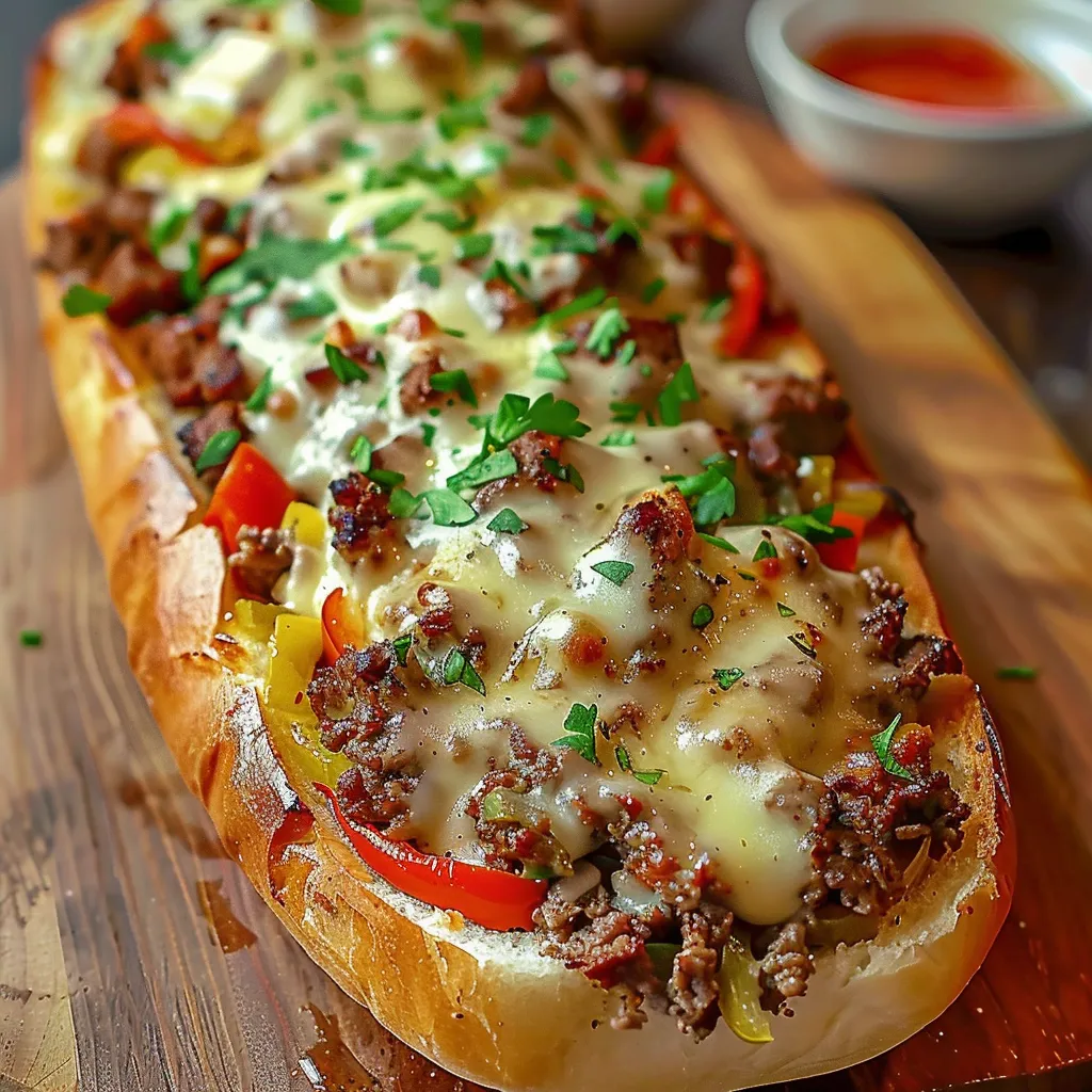 Eine große Sandwich mit viel Zwiebel und Käse auf einem Holzbrett.