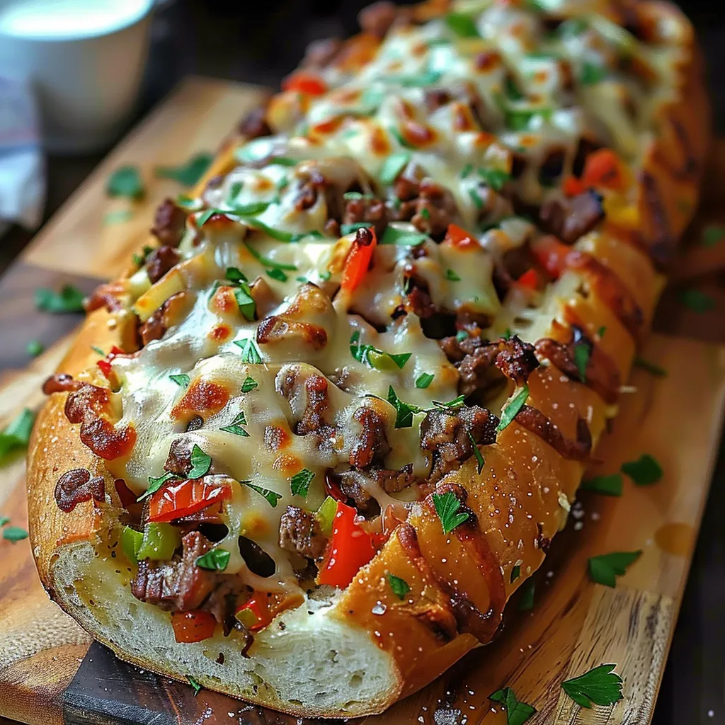 Ein großes Sandwich mit viel Zwiebel und Käse auf einem Holzbrett.