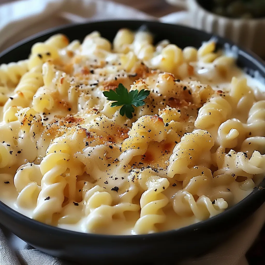 Ein Schälchen mit Penne-Nudeln und Käse.
