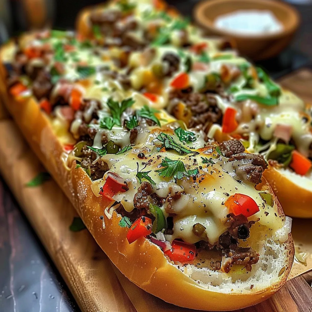 Ein Sandwich mit Käse, Tomaten, Paprika und Zwiebeln auf einem Holzbrett.
