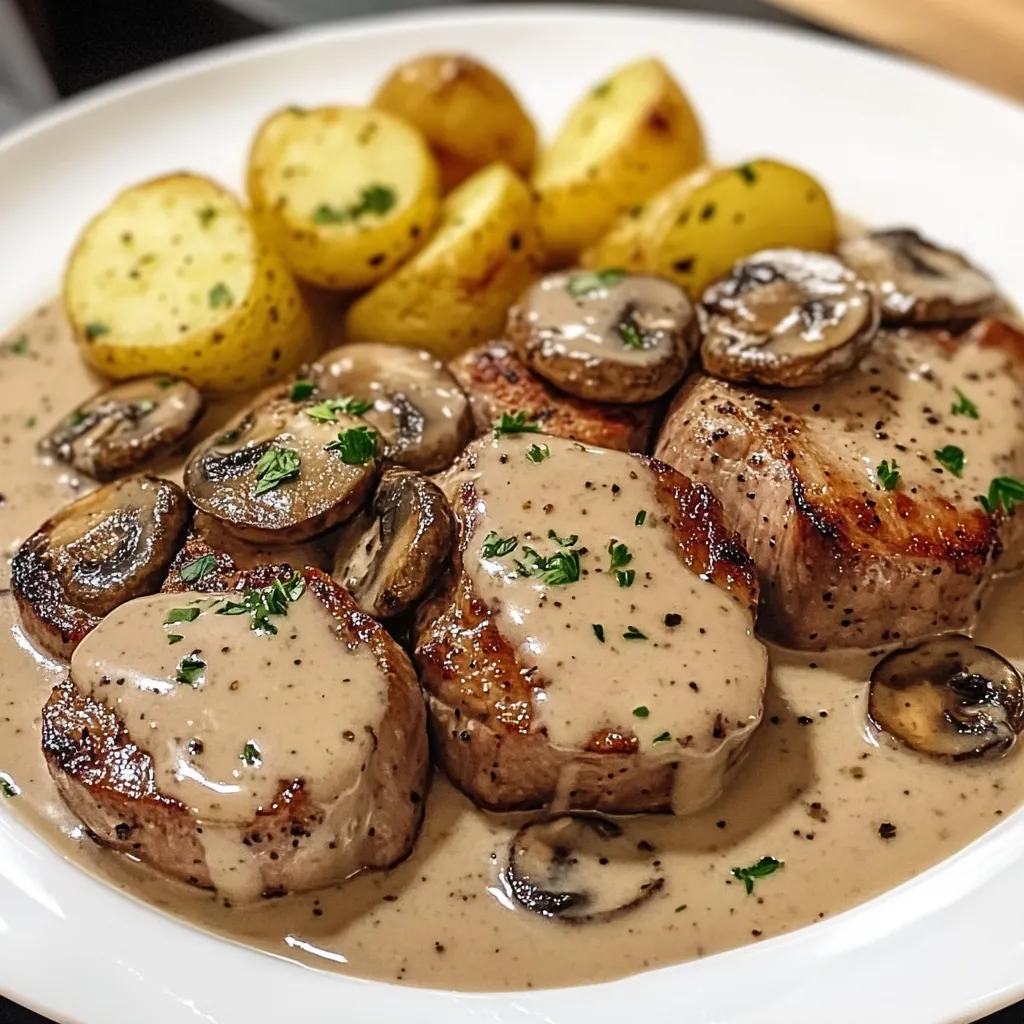 Ein Schweinelendchen mit Sauce auf einem weißen Teller.