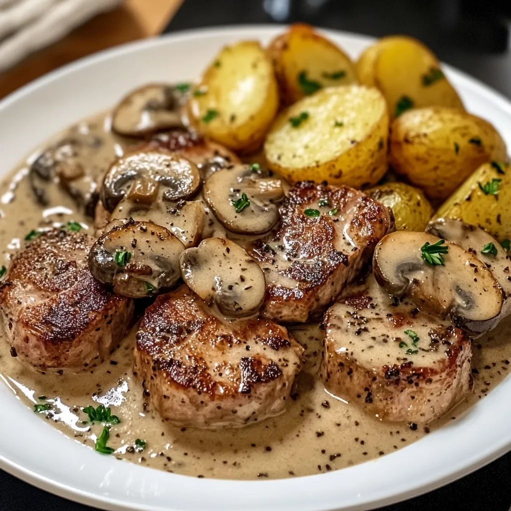 Ein Schweinelendchen mit gegrillten Schweinchen und gegrillten Champignons auf einem Teller.