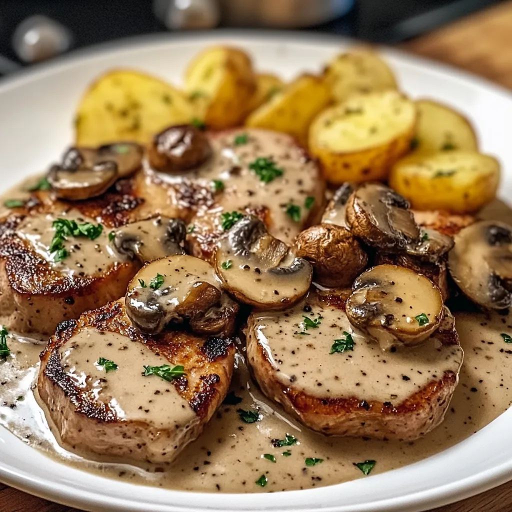 Ein Schweinelendchen mit Mushrooms und Kartoffeln.
