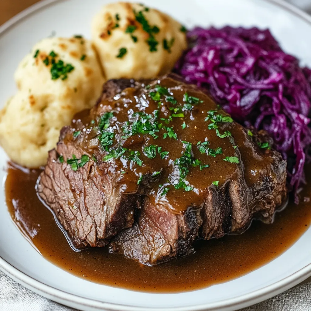 Ein Plate mit traditionellem Sauerbraten, welcher mit Sauce und Kartoffeln serviert wird.