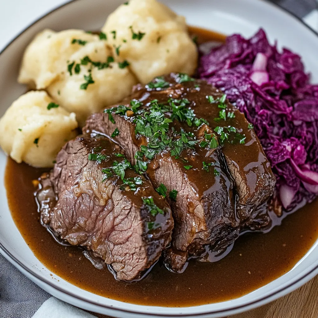 Ein Plate mit Sauerbraten, Kartoffeln, Sauerkraut und Knoblauch.