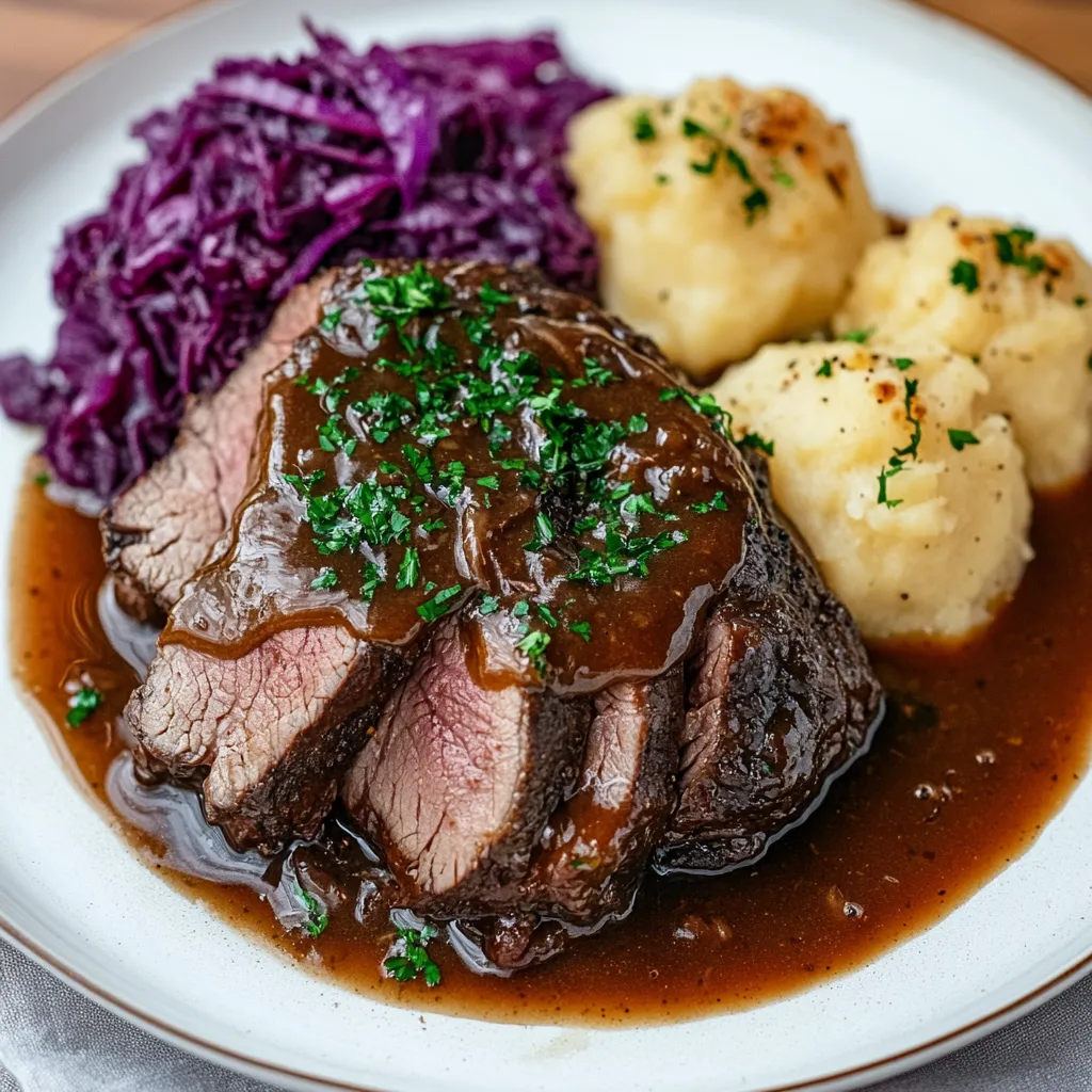 Ein Plate mit Traditioneller Sauerbraten, bestehend aus Rindfleisch, Kartoffeln, Sauerkraut und Koriander.