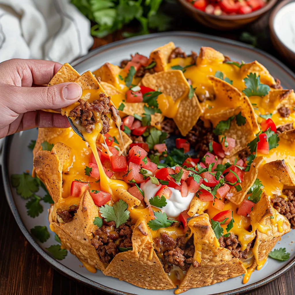 Eine Platte mit einem Taco mit Tomaten, Käse und Tomaten.