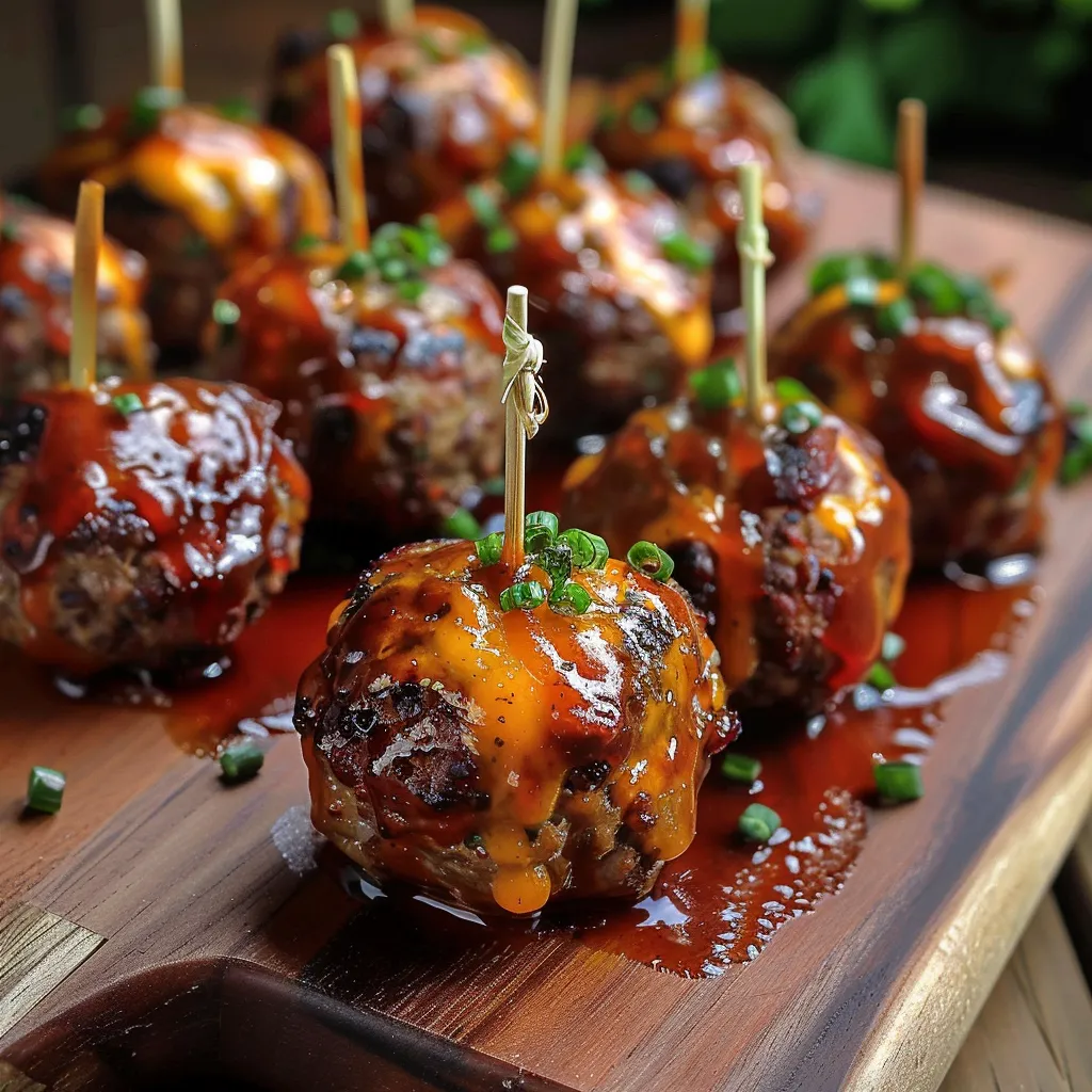 Eine Platte mit einer Anzahl von Fleischballen, die mit Sauce und Zwiebeln garniert sind.