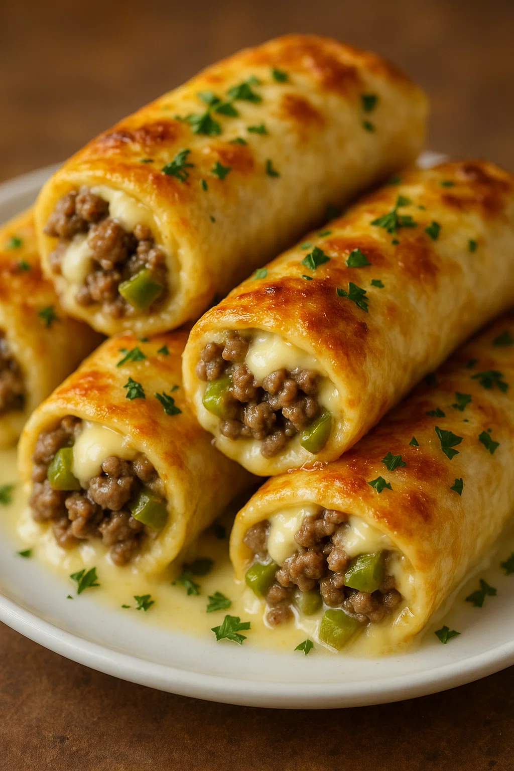 Ein weißer Teller mit sechs gegrillten Röllchen, die mit Käse und grünen Zwiebeln garniert sind.