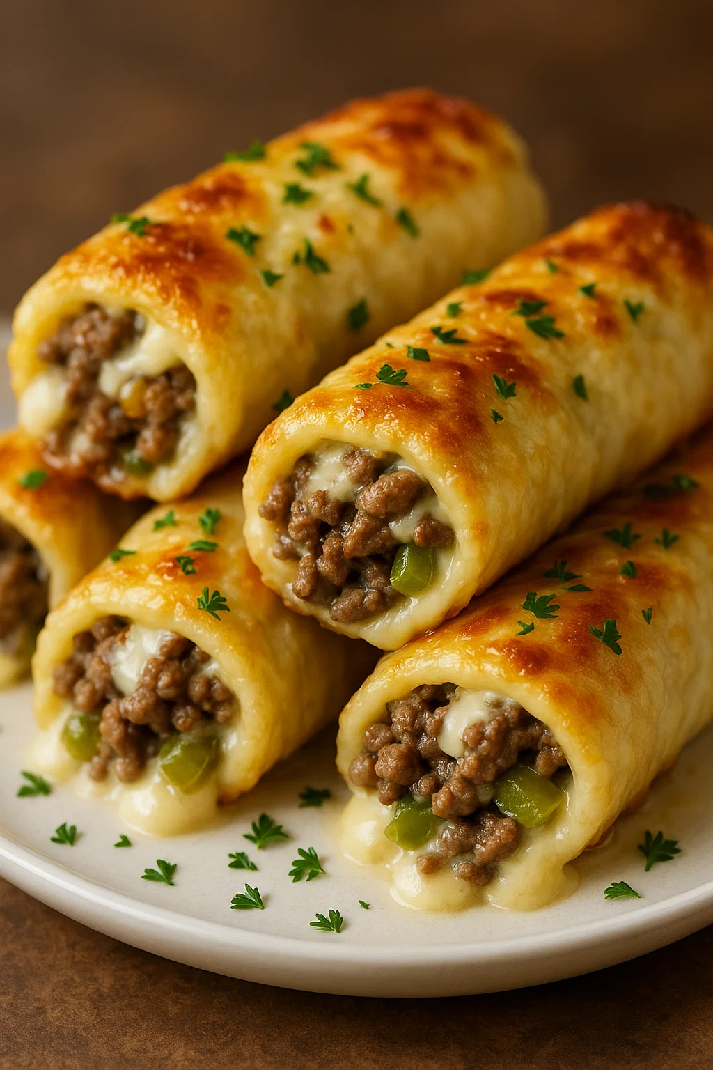 Ein weißer Teller mit sechs gegrillten Röllchen, die mit Sauce und Zwiebeln garniert sind.