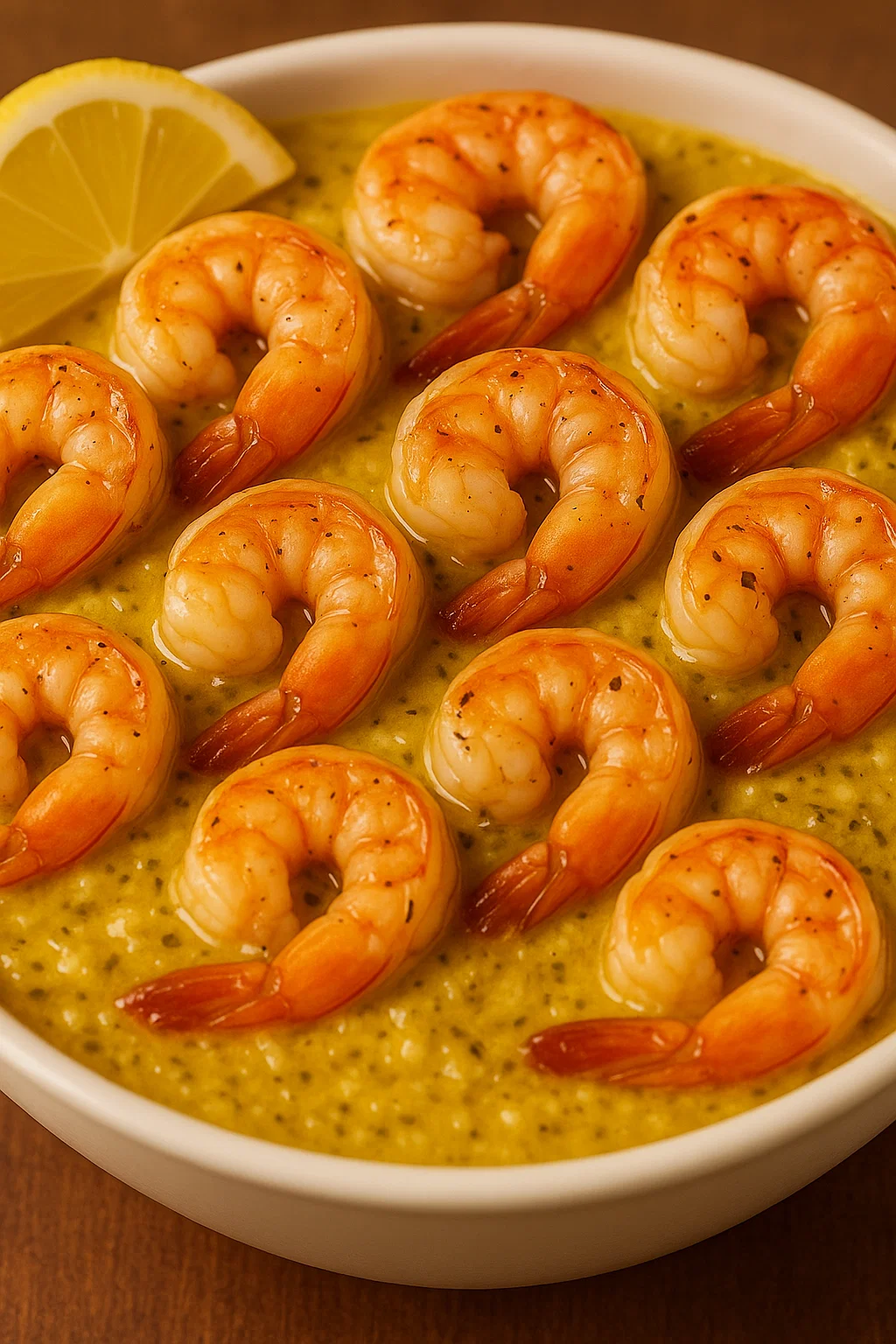 Eine Platte mit gegrillten Schrimps, die in einer cremigen Sauce serviert werden.