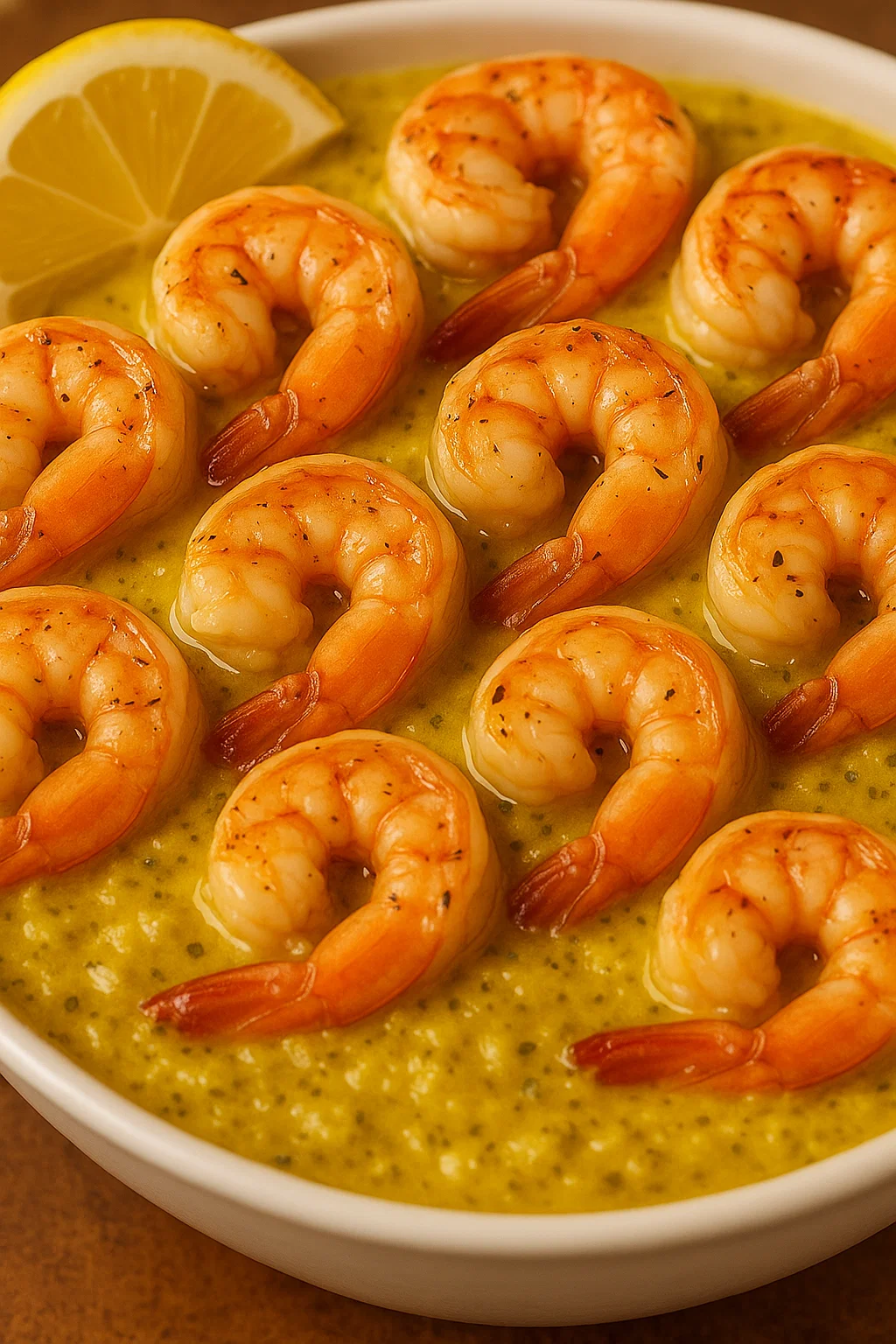 Eine Platte mit gegrillten Shrimp, die in einer cremigen Sauce serviert werden.