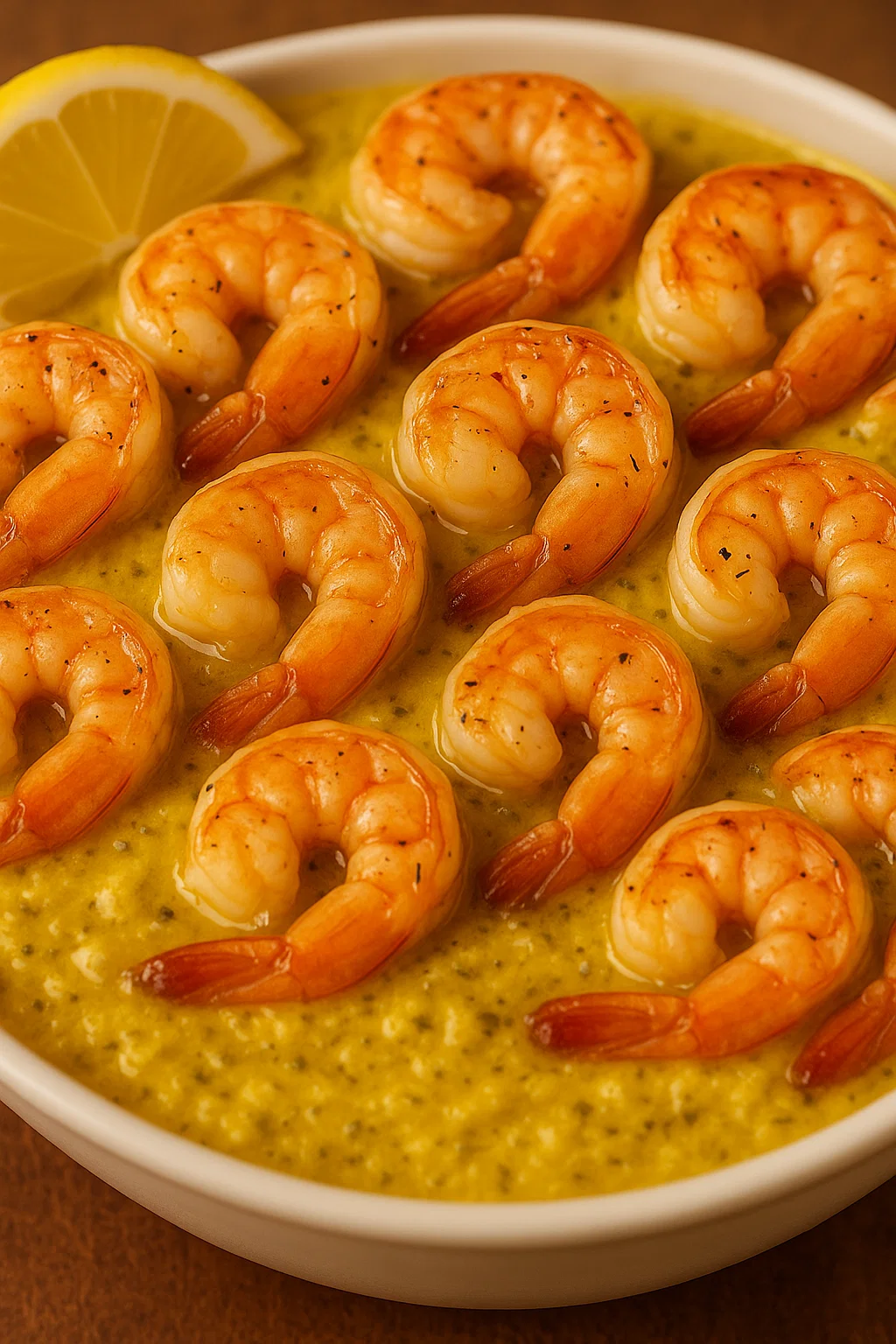 Eine Platte mit gegrillten Shrimp, die in einer Sauce mit einer cremigen Textur serviert werden.