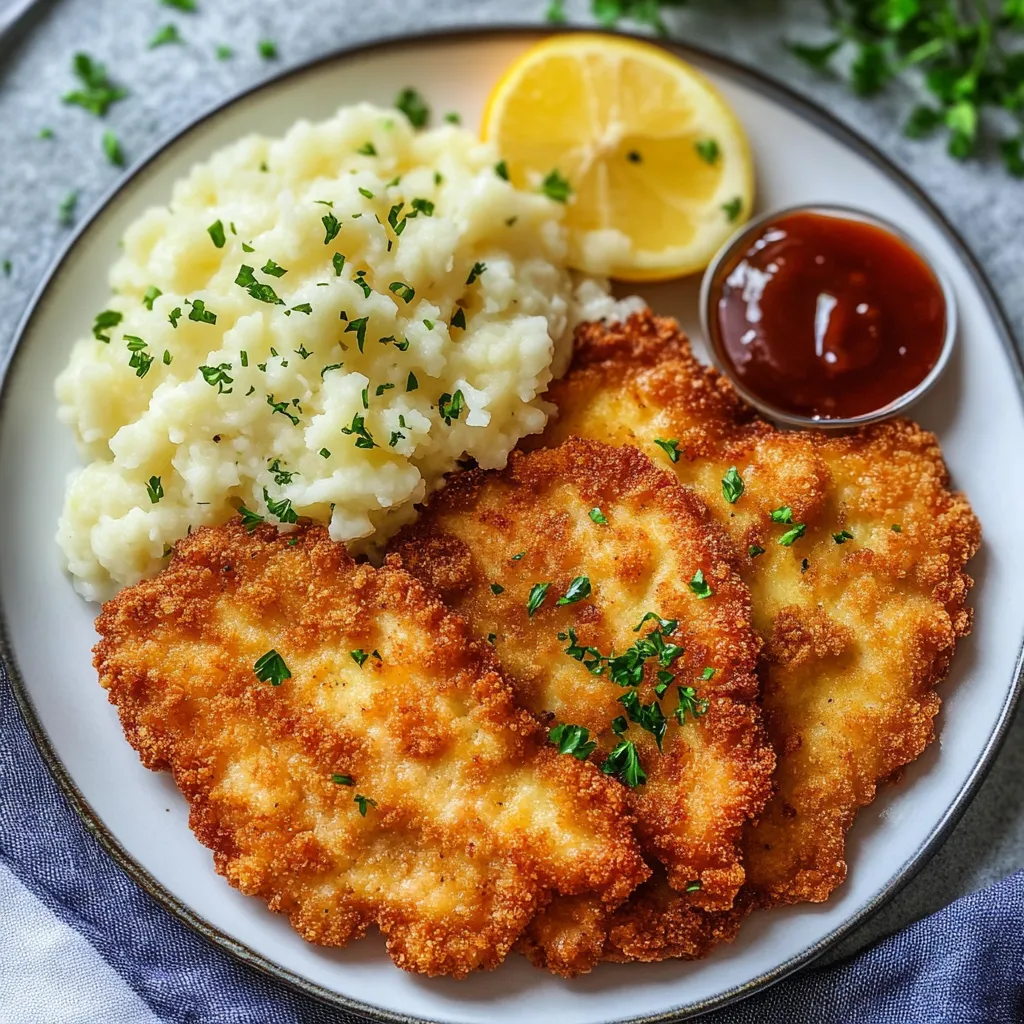Ein Plate mit Klassisches Wiener Schnitzel, Kartoffeln und einer Zitrone.