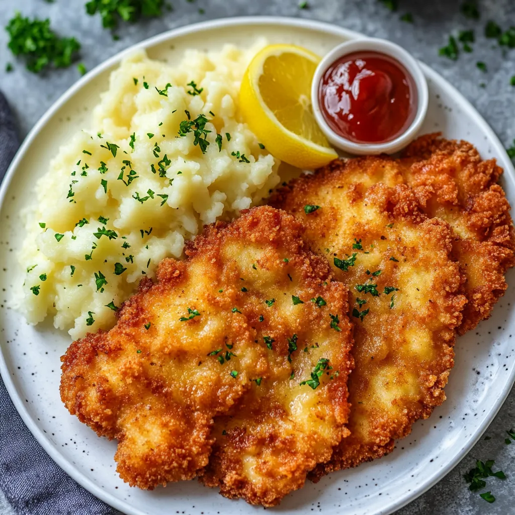 Ein Plate mit Klassisches Wiener Schnitzel, Kartoffeln und einer Zitrone.