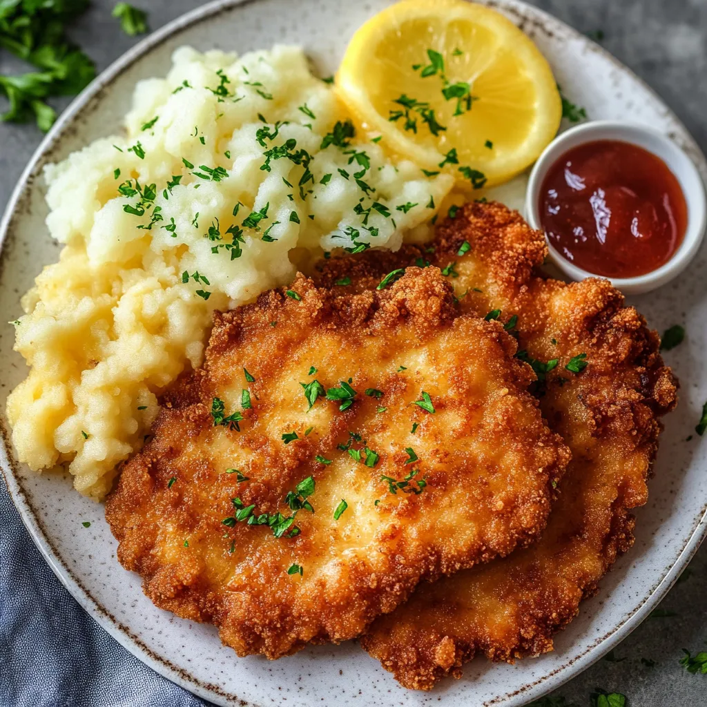 Ein Plate mit Klassisches Wiener Schnitzel, Kartoffeln, Zwiebeln und einer Sauce.
