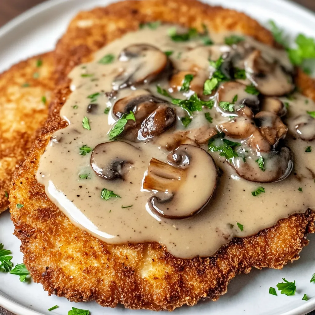 Ein Schnitzel mit Mushrooms und Sauce auf einem weißen Teller.