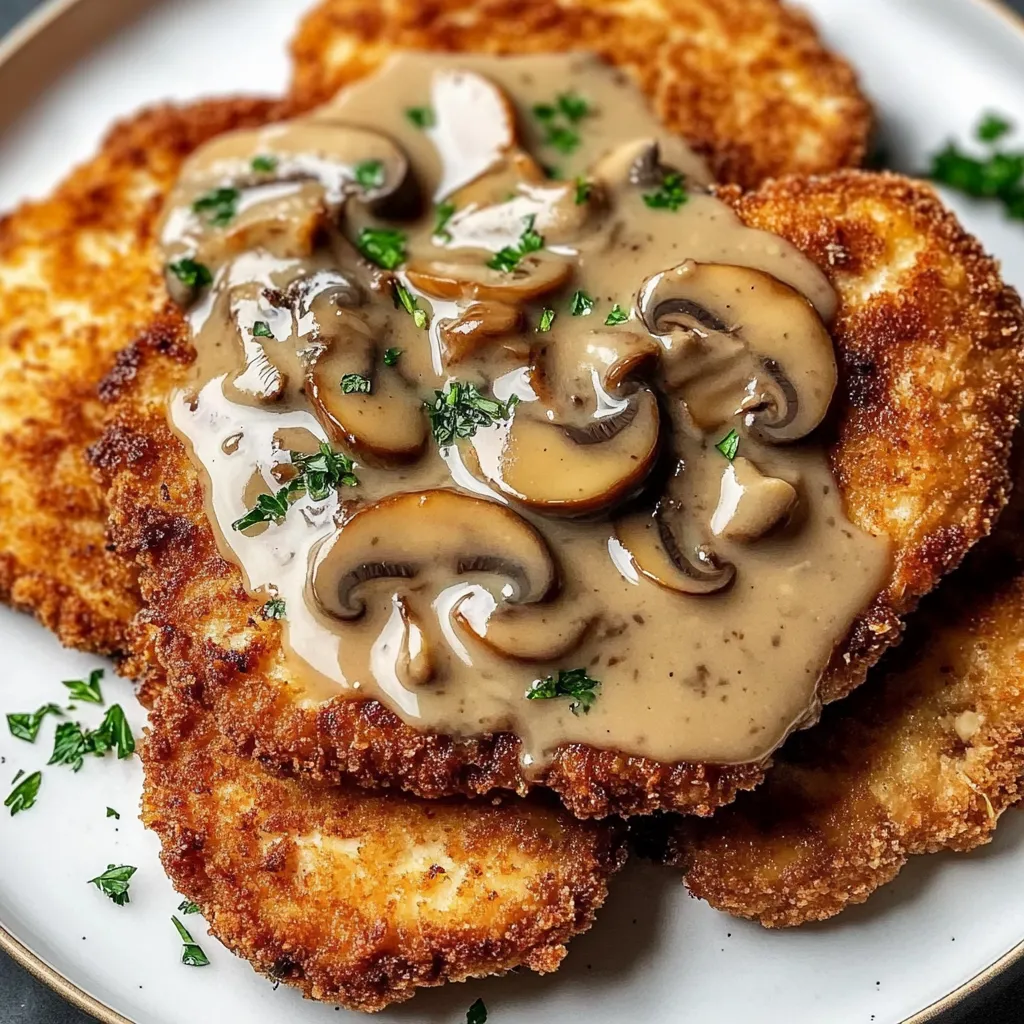 Ein Plate mit Jägerschnitzel, das mit Sauce und Zwiebeln garniert ist.
