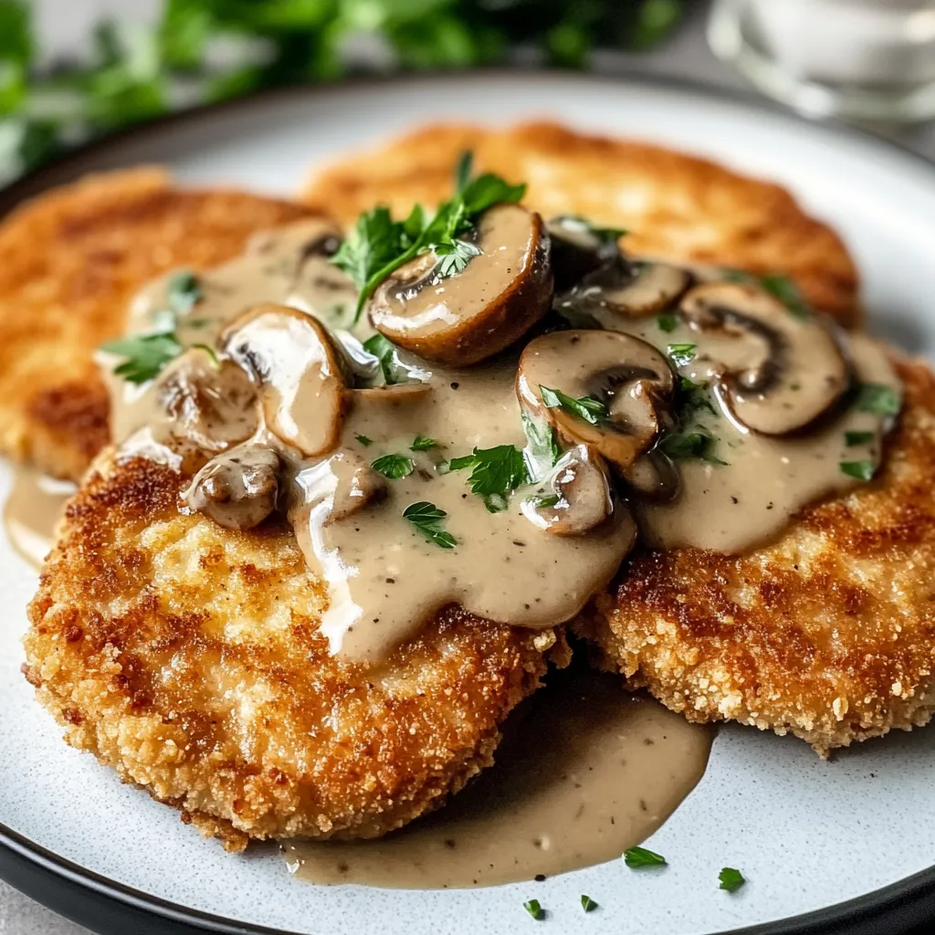 Ein Plate mit Jägerschnitzel, die mit Sauce und Zwiebeln garniert sind.