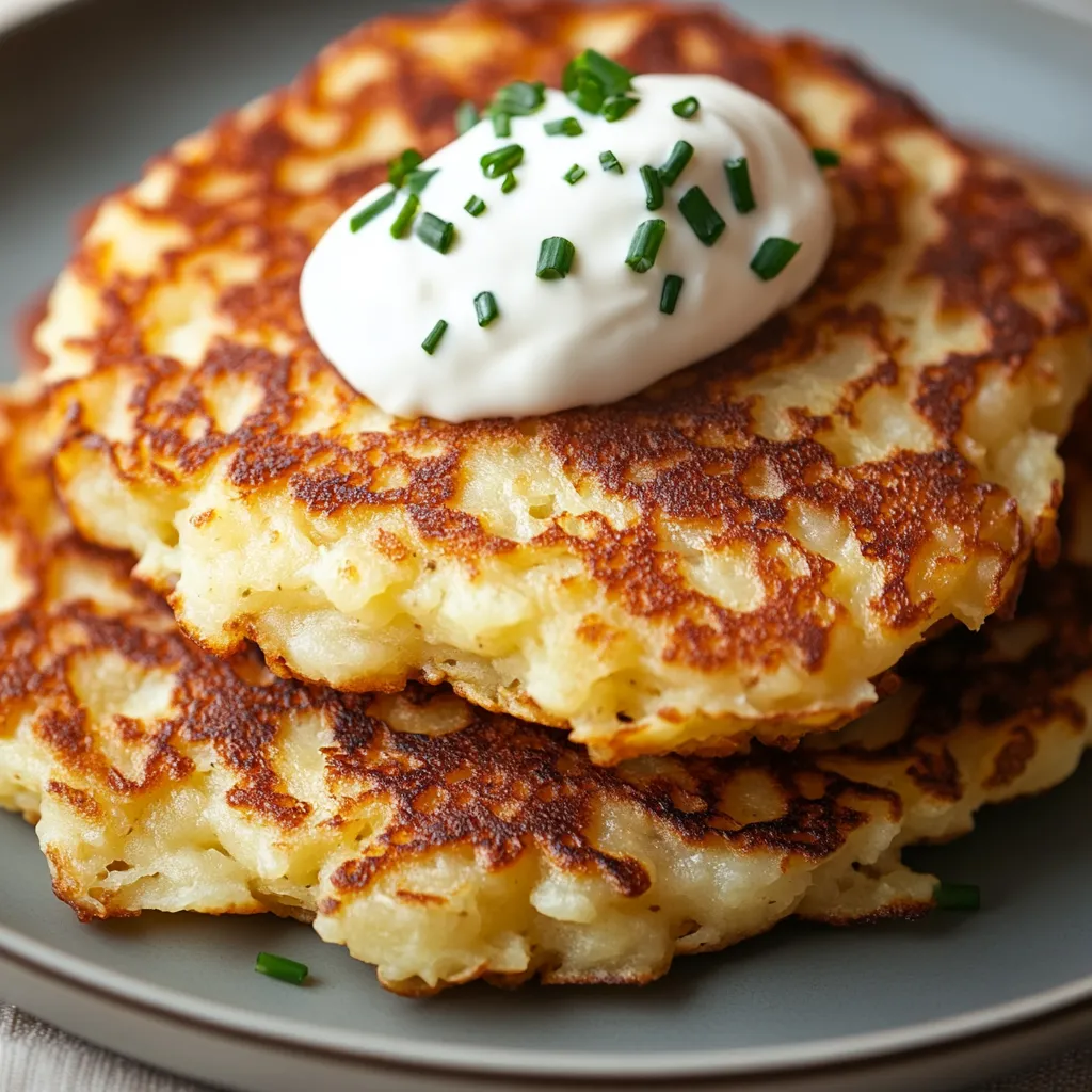 Eine Platte mit Kartoffelpuffers, die mit Mayonnaise und Kräutern garniert sind.