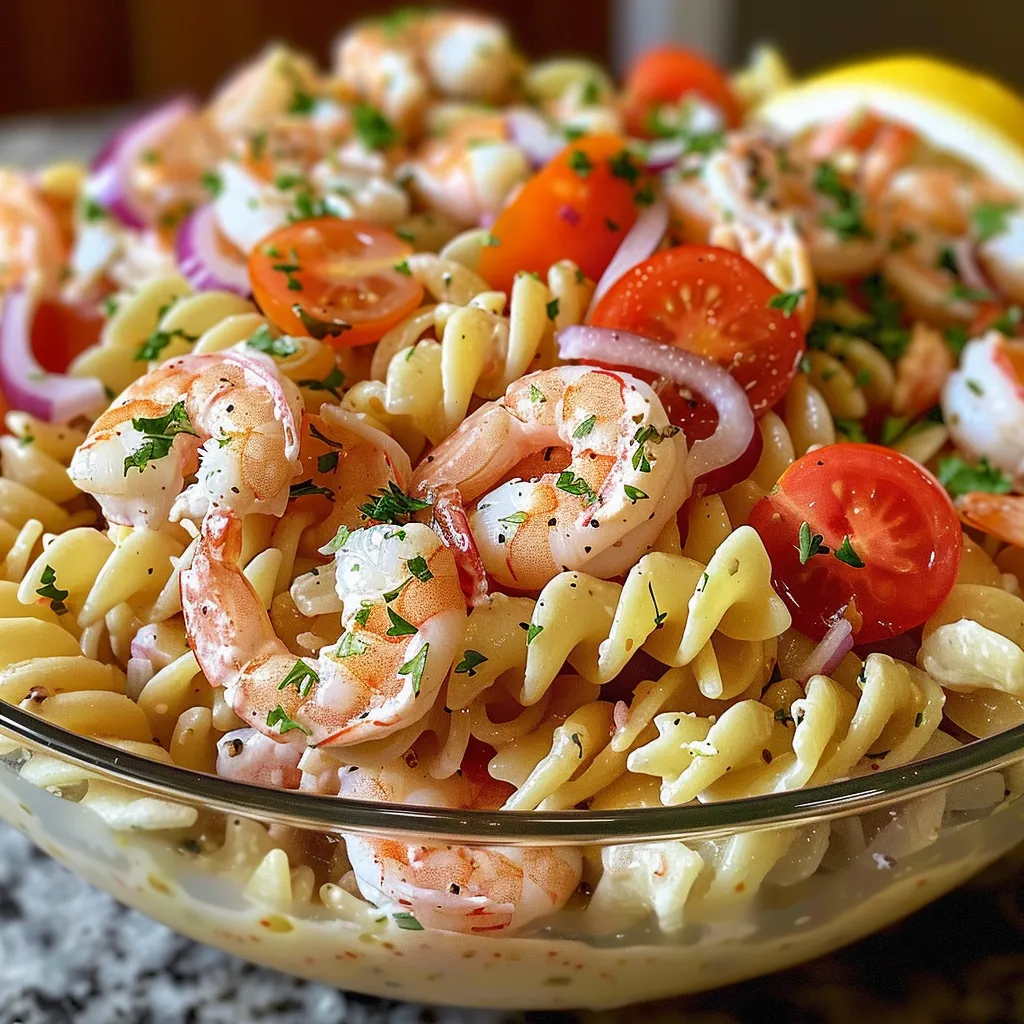 Ein Glas mit Pasta, Tomaten, Zwiebeln und Shrimp.