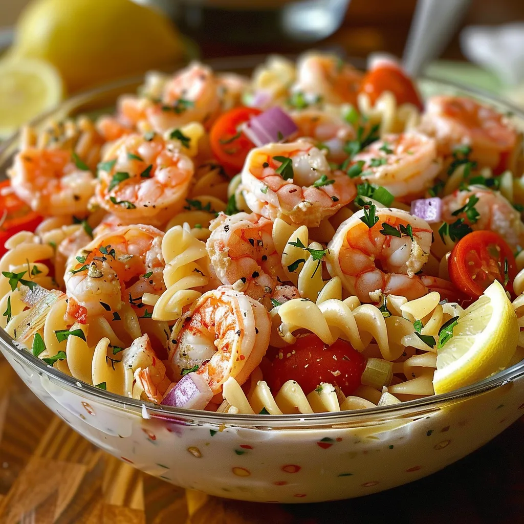 Ein Glas mit Pasta, Tomaten, Zwiebeln und Shrimp.