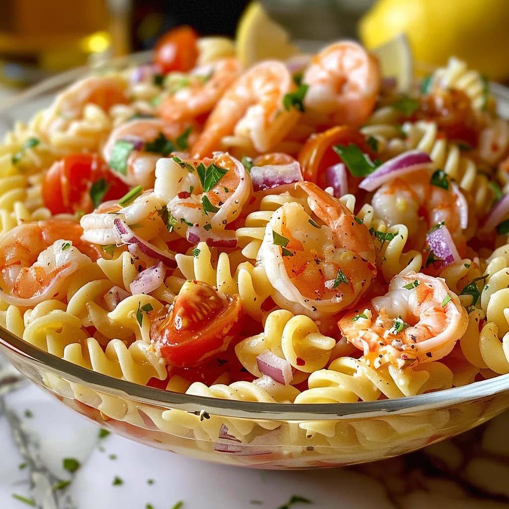 Ein Glas mit Pasta, Tomaten, Zwiebeln und Shrimp.