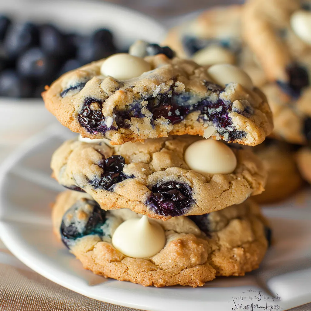 Eine Platte mit zwei Biscuit-Cookies, die mit Schokoladensoße und Blaubeeren garniert sind.