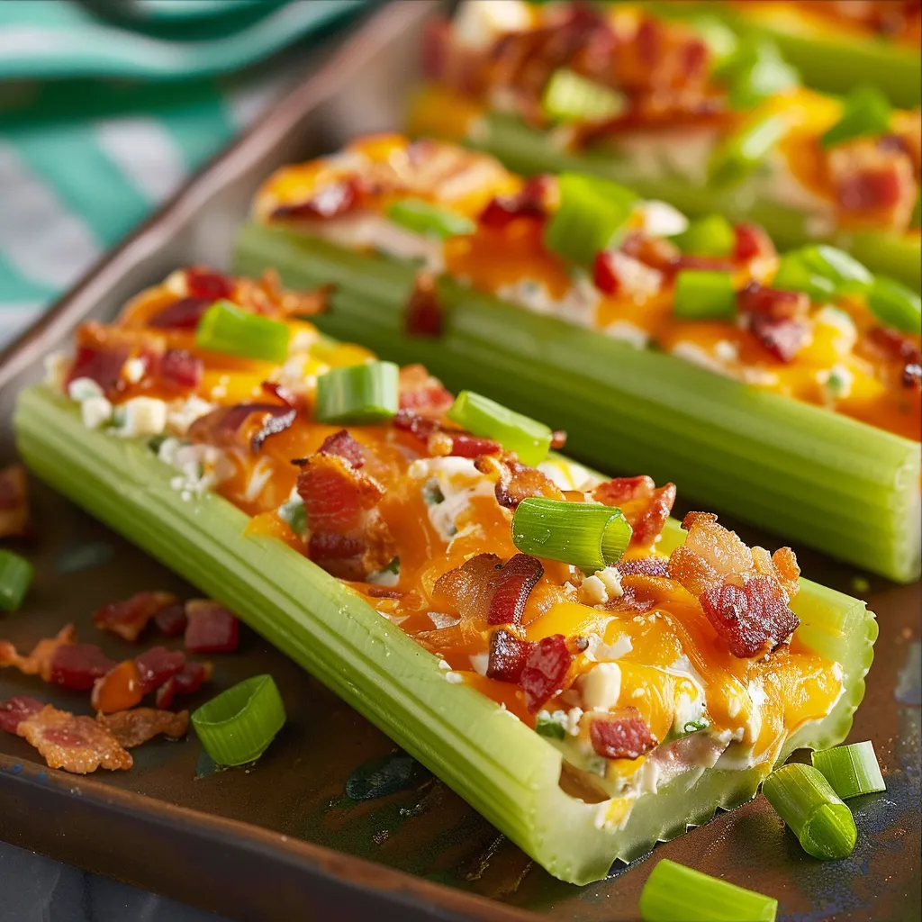 Eine Platte mit Bacon-Topped Celery-Sticks.