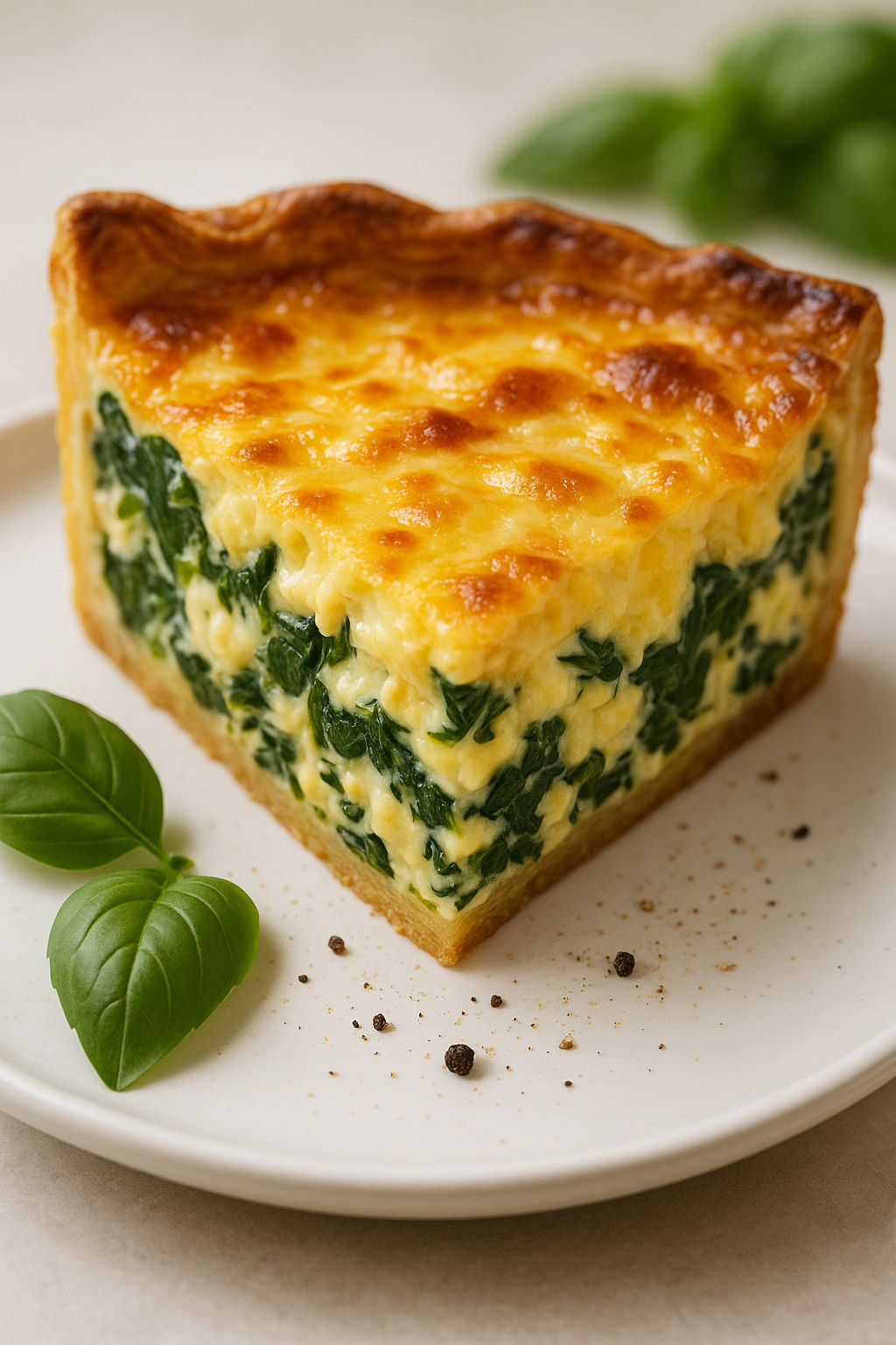 Ein quadratischer, grün gefärbter Käsekuchen mit einer Schicht aus Spinat und Käse.