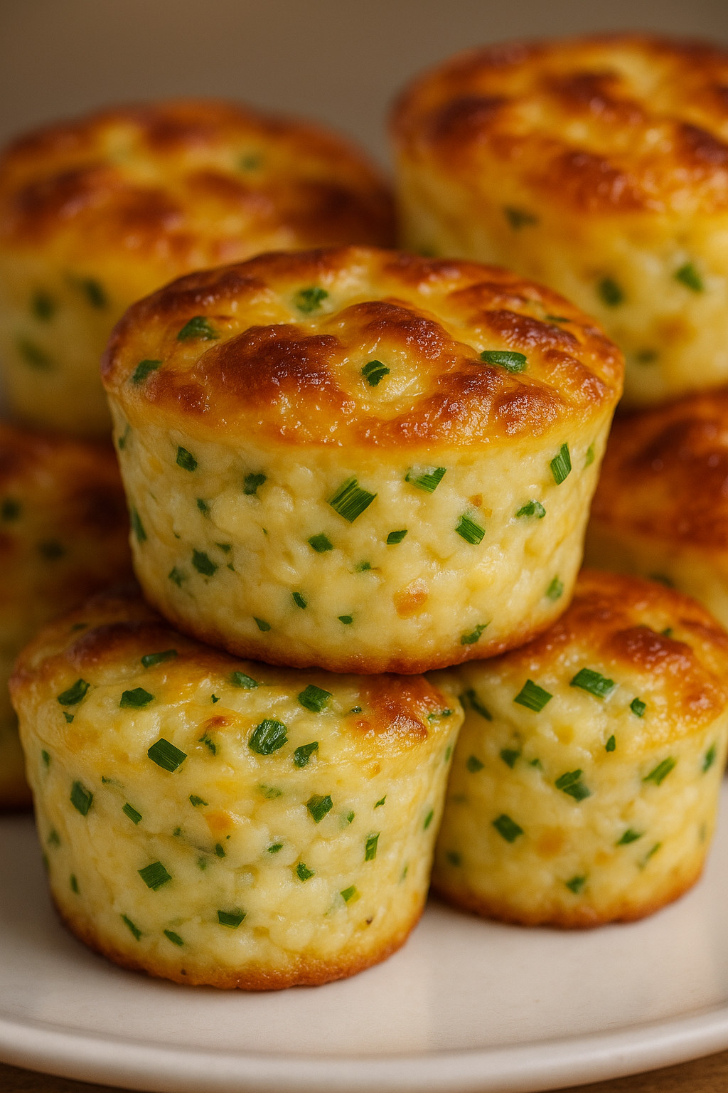 Eine Gruppe von knusprigen, leicht gebackenen Muffins mit grünen Zwiebeln darauf.
