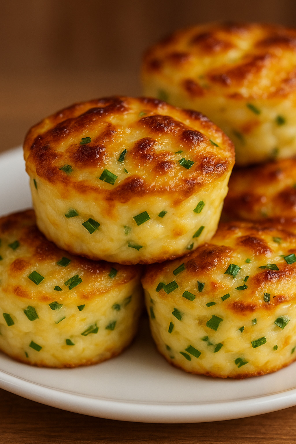 Eine Platte mit drei muffinartigen Gebäcken, die mit grünen Zwiebeln und Käse gefüllt sind.