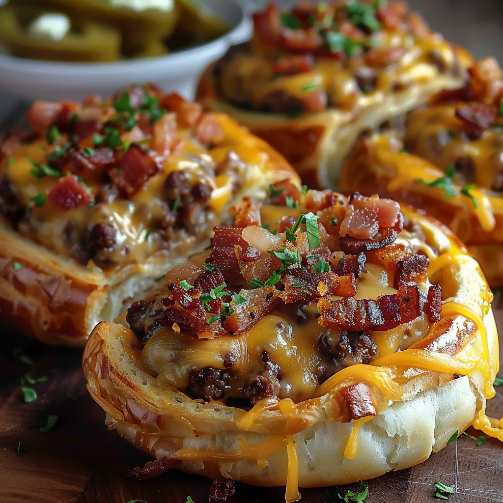 Zwei Bacon-Wrapped Meatballs mit Käse und Zwiebeln auf einem Tisch.