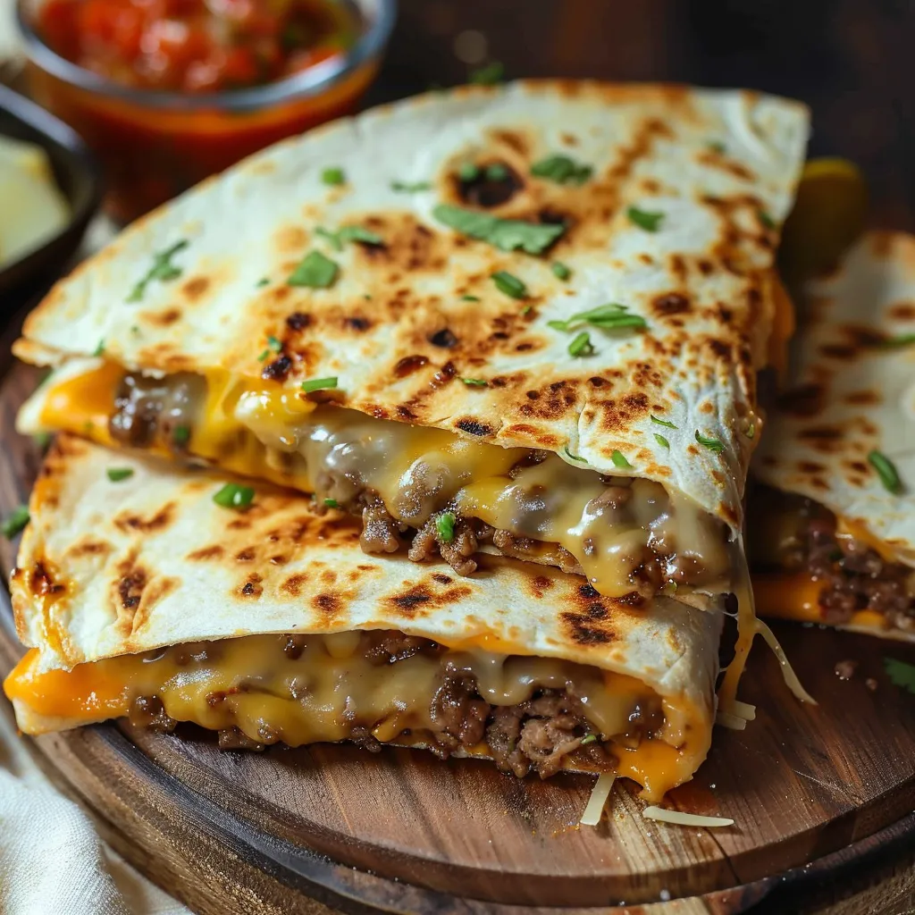 Eine Tortilla mit Käse und Rindfleisch auf einem Holzblock.
