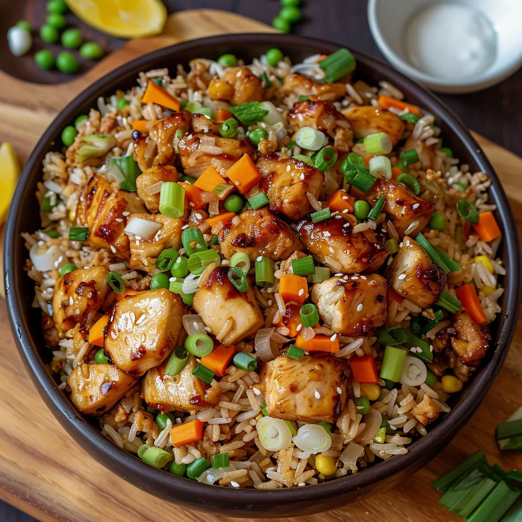 Ein schönes Bild von einer Rice-Gerichte mit vielen Zutaten wie Karotten, Zwiebeln, Koriander, Reis und Chicken.