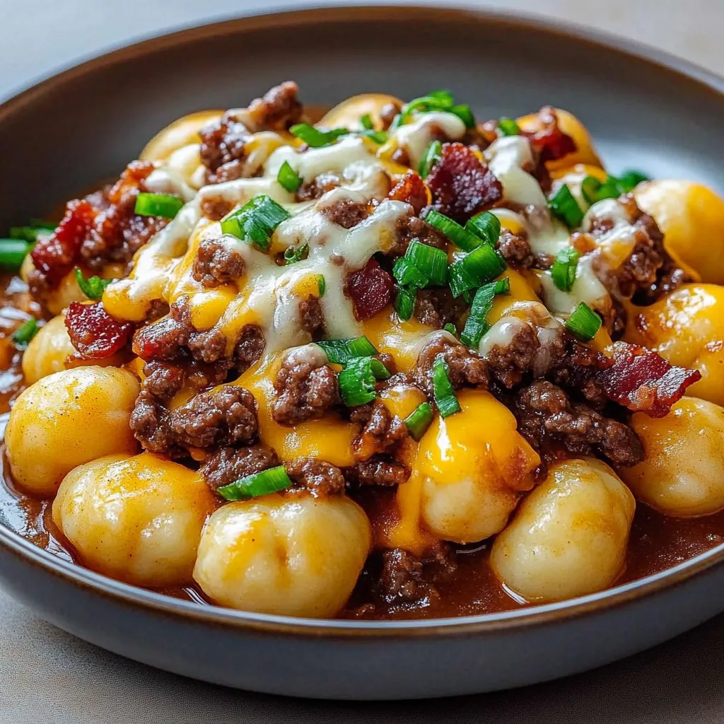 Ein großes, dickes Bacon Cheeseburger Gnocchi Genuss in einem schwarzen Teller.