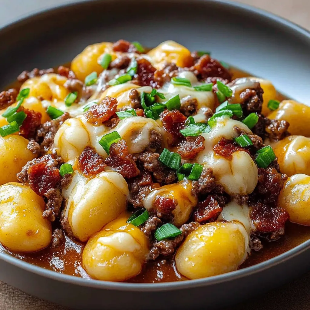 Ein Plate mit Gnocchi, Bacon und Cheese.