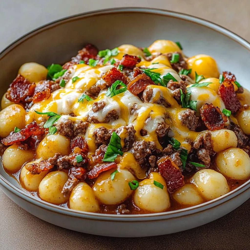 Ein großes, leckeres Bacon Cheeseburger Gnocchi Genuss in einem glas.