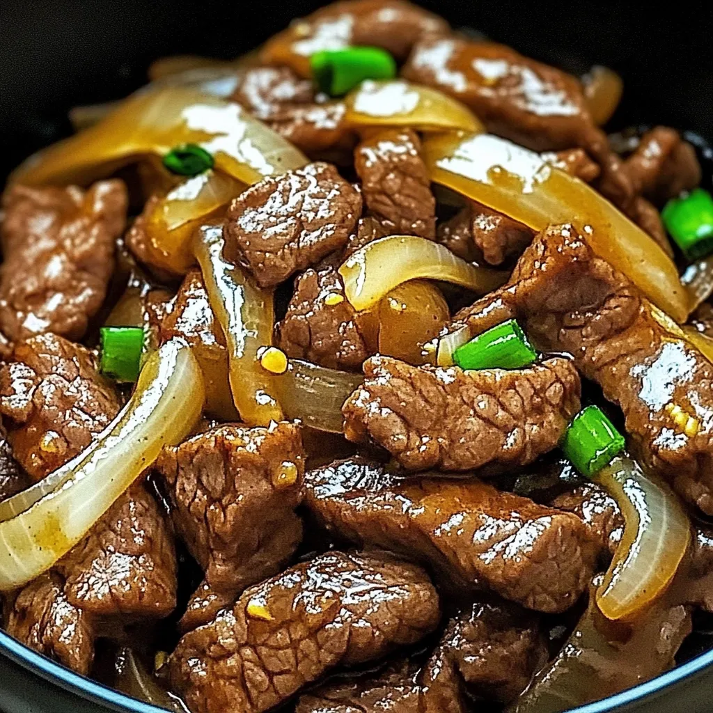 Ein schwarzes Becken mit chinesischem Rindfleisch und Zwiebeln.