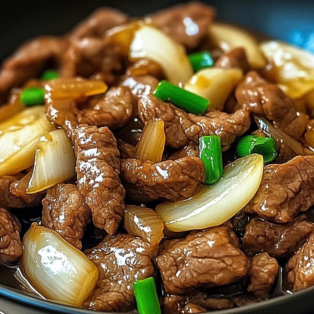 Ein Schälchen mit chinesischem Rindfleisch und Zwiebeln.