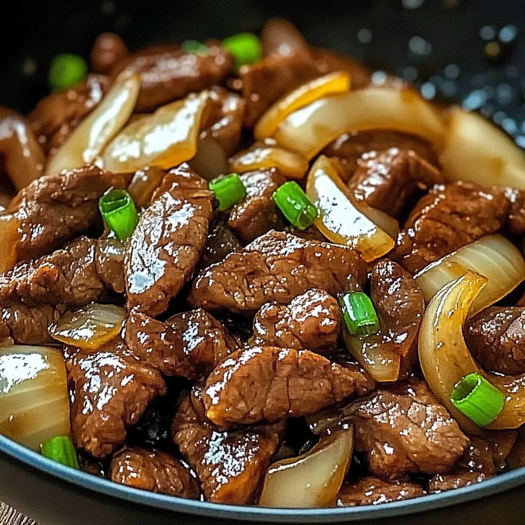Ein schwarzes Becken mit chinesischem Rindfleisch und Zwiebeln.