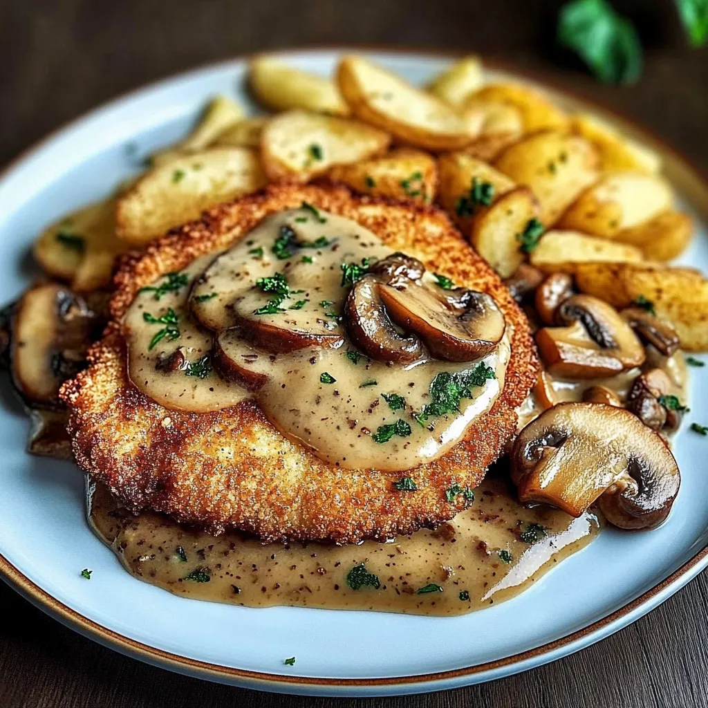 Ein Plate mit Jägerschnitzel, Jägersoße und Pommes Champignons.
