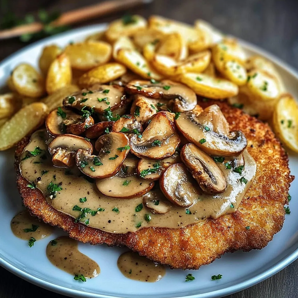 Jägerschnitzel mit Jägersoße und Pommes Champignons auf einem weißen Teller.